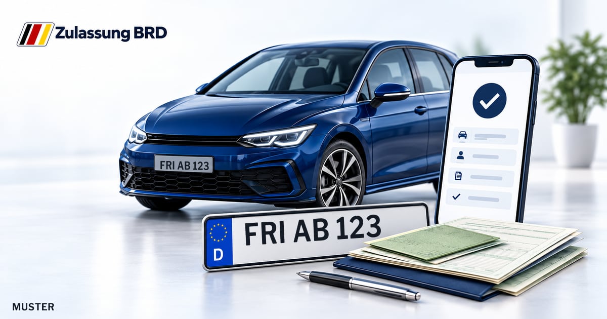 Online Fahrzeugzulassung in Zetel: Musterkennzeichen FRI AB 123, Auto und Fahrzeugpapiere und Smartphone. Illustration mit Logo von Zulassung BRD.